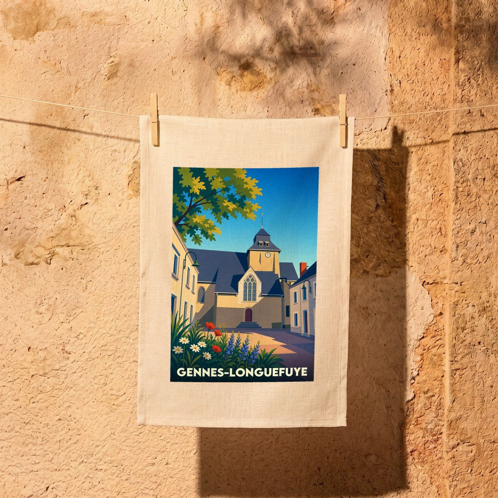 Torchon souvenir de la ville de Gennes-Longuefuye avec une illustration stylisée de son église.