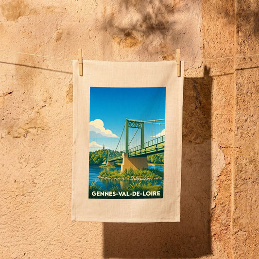 Torchon souvenir de la ville de Gennes-Val-de-Loire avec une illustration stylisée de son pont.