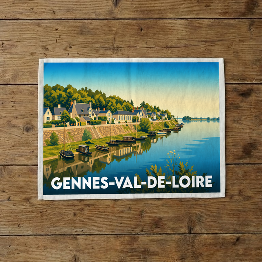 Torchon souvenir de la ville de Gennes-Val-de-Loire avec une illustration stylisée des bords de Loire.