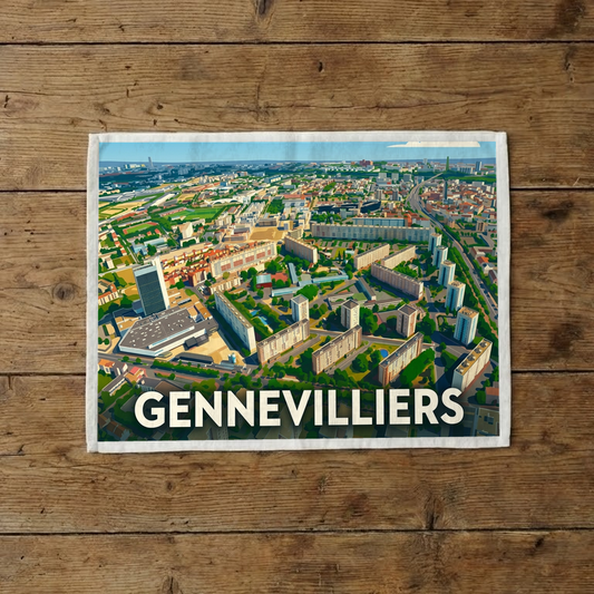 Torchon souvenir de la ville de Gennevilliers avec une illustration aérienne stylisée.