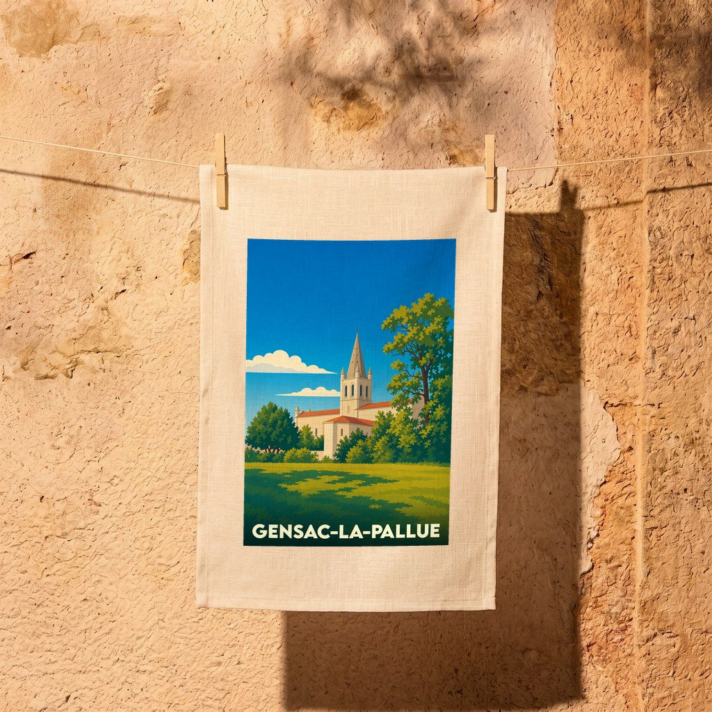 Torchon souvenir de la ville de Gensac-la-Pallue avec une illustration stylisée de son église.