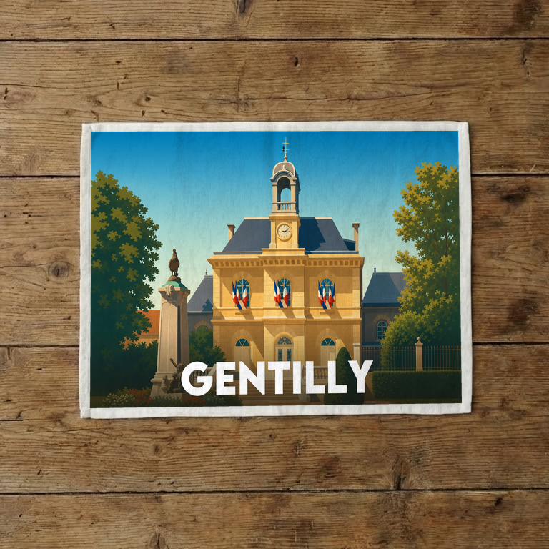 Torchon souvenir de la ville de Gentilly avec une illustration graphique de son hôtel de ville.
