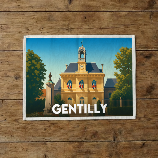 Torchon souvenir de la ville de Gentilly avec une illustration graphique de son hôtel de ville.