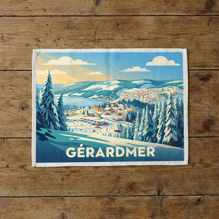 Torchon souvenir de Gérardmer avec une illustration stylisée d'un paysage de montagne enneigé.