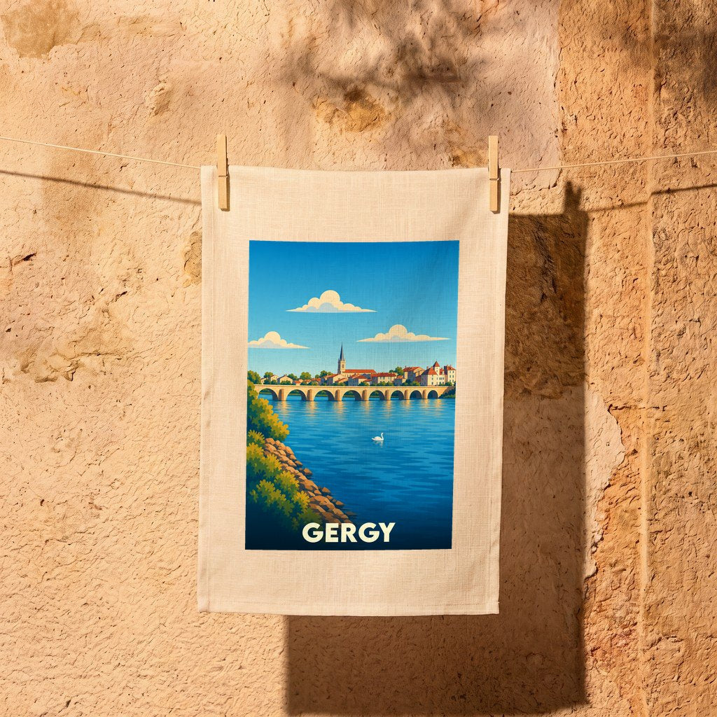 Torchon souvenir de la ville de Gergy orné d'une illustration stylisée de son pont et de son église en bord de rivière.