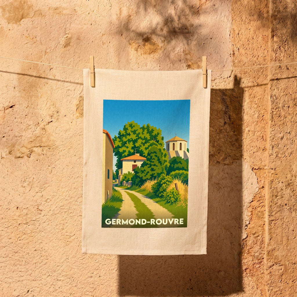 Torchon souvenir de la ville de Germond-Rouvre avec une illustration stylisée.