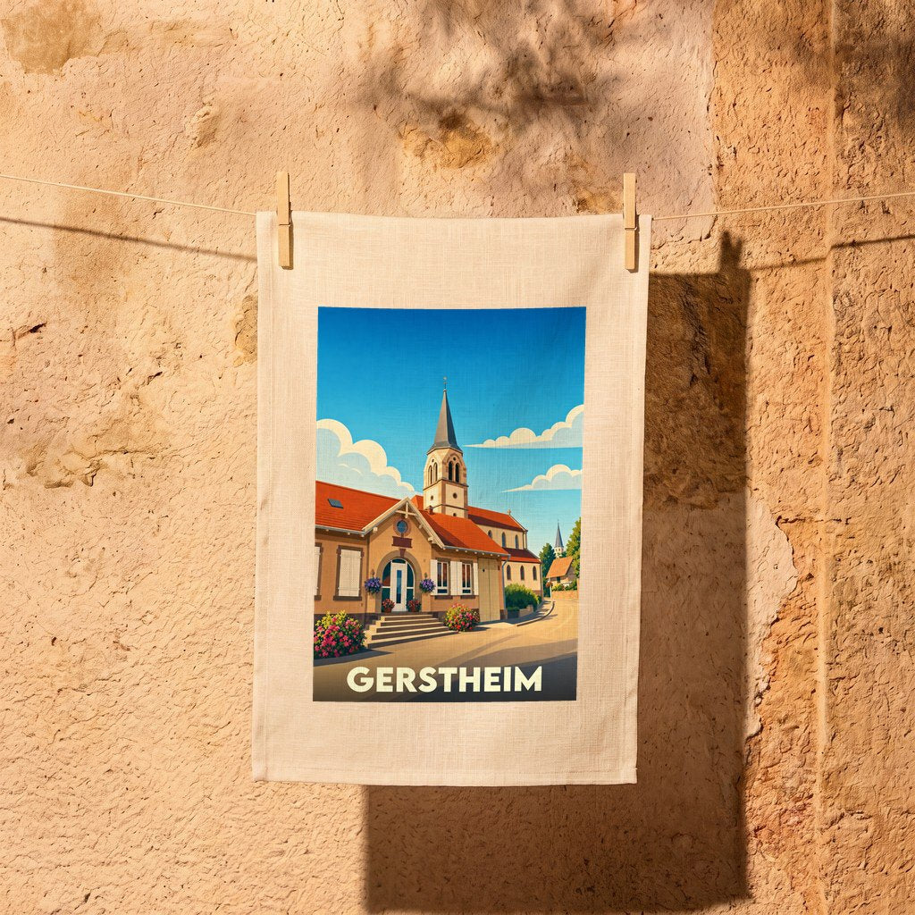 Torchon souvenir de la ville de Gerstheim illustré d'un paysage urbain stylisé et coloré.