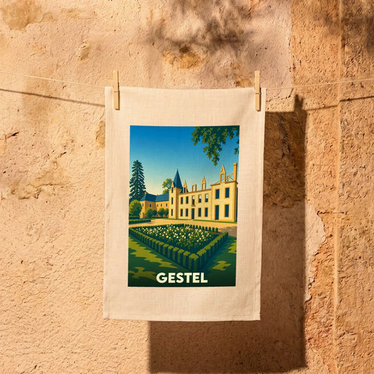 Torchon souvenir de la ville de Gestel avec une illustration stylisée d'un château et ses jardins.