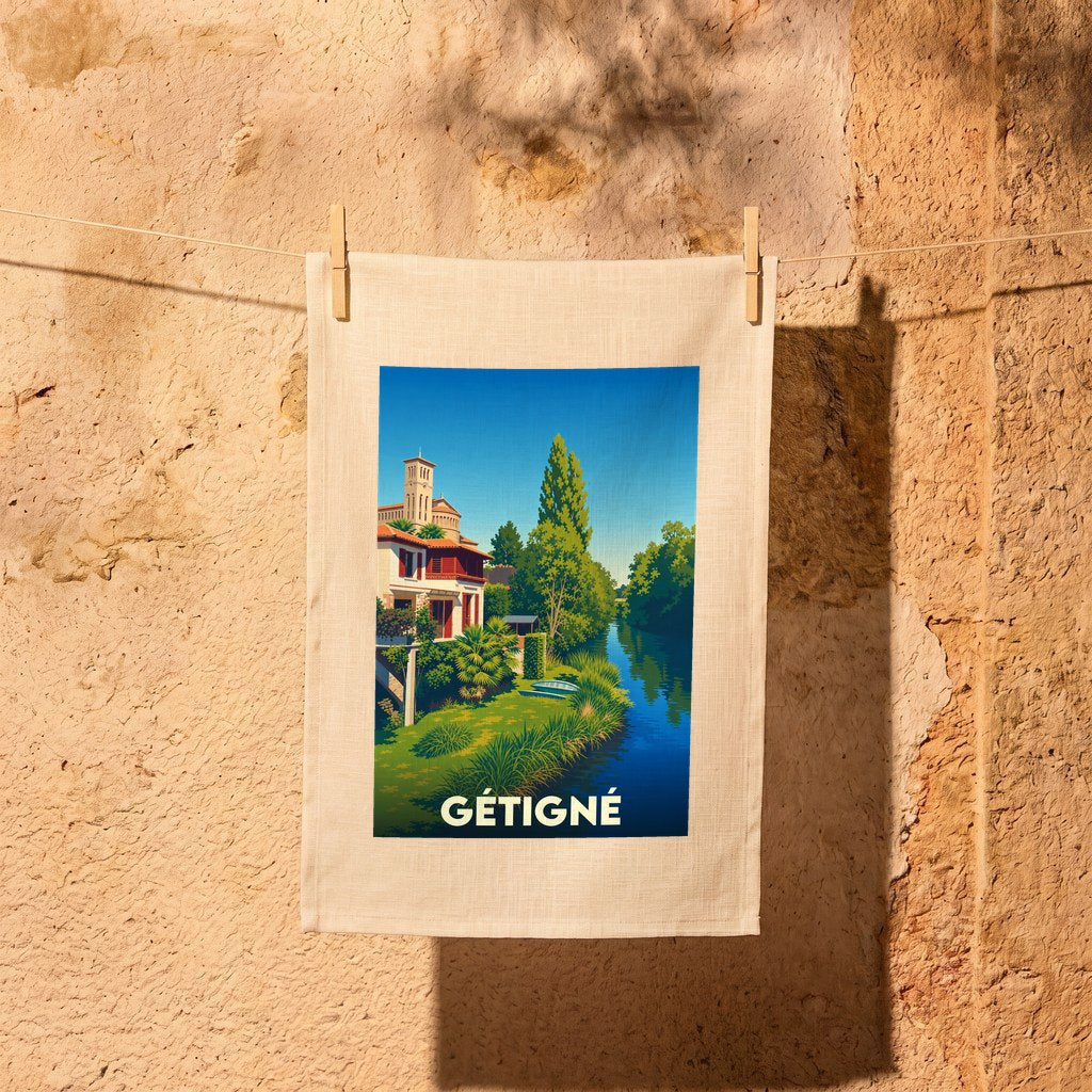 Torchon souvenir de la ville de Gétigné avec une illustration stylisée.