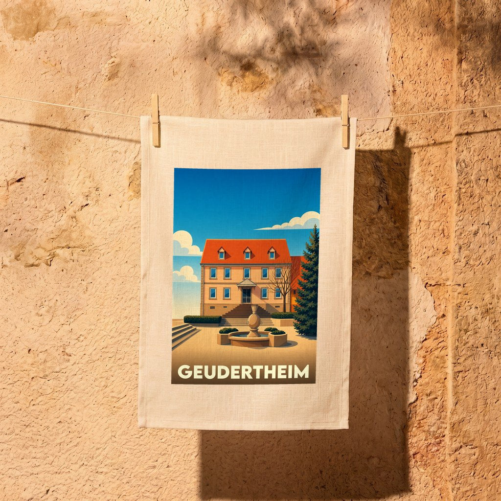 Torchon souvenir de la ville de Geudertheim avec une illustration stylisée d'un bâtiment et d'une fontaine.