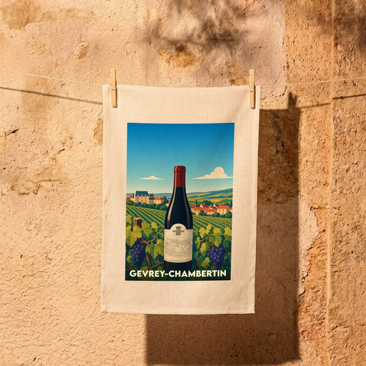 Torchon de cuisine souvenir de Gevrey-Chambertin avec une illustration stylisée d'une bouteille de vin au cœur des vignobles.