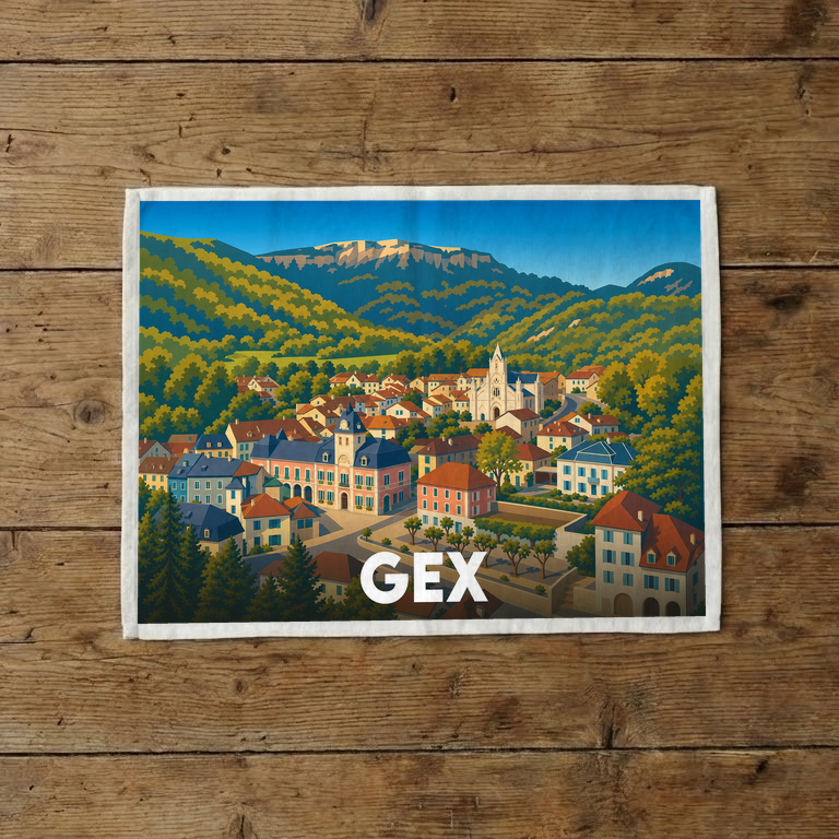 Torchon souvenir de la ville de Gex avec une illustration stylisée de ses paysages et montagnes.