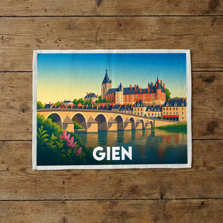Torchon souvenir de la ville de Gien avec une illustration stylisée du pont et du château.