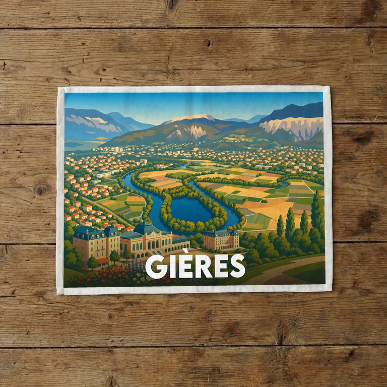 Torchon souvenir de la ville de Gières illustré par une vue panoramique stylisée de la vallée et des montagnes.