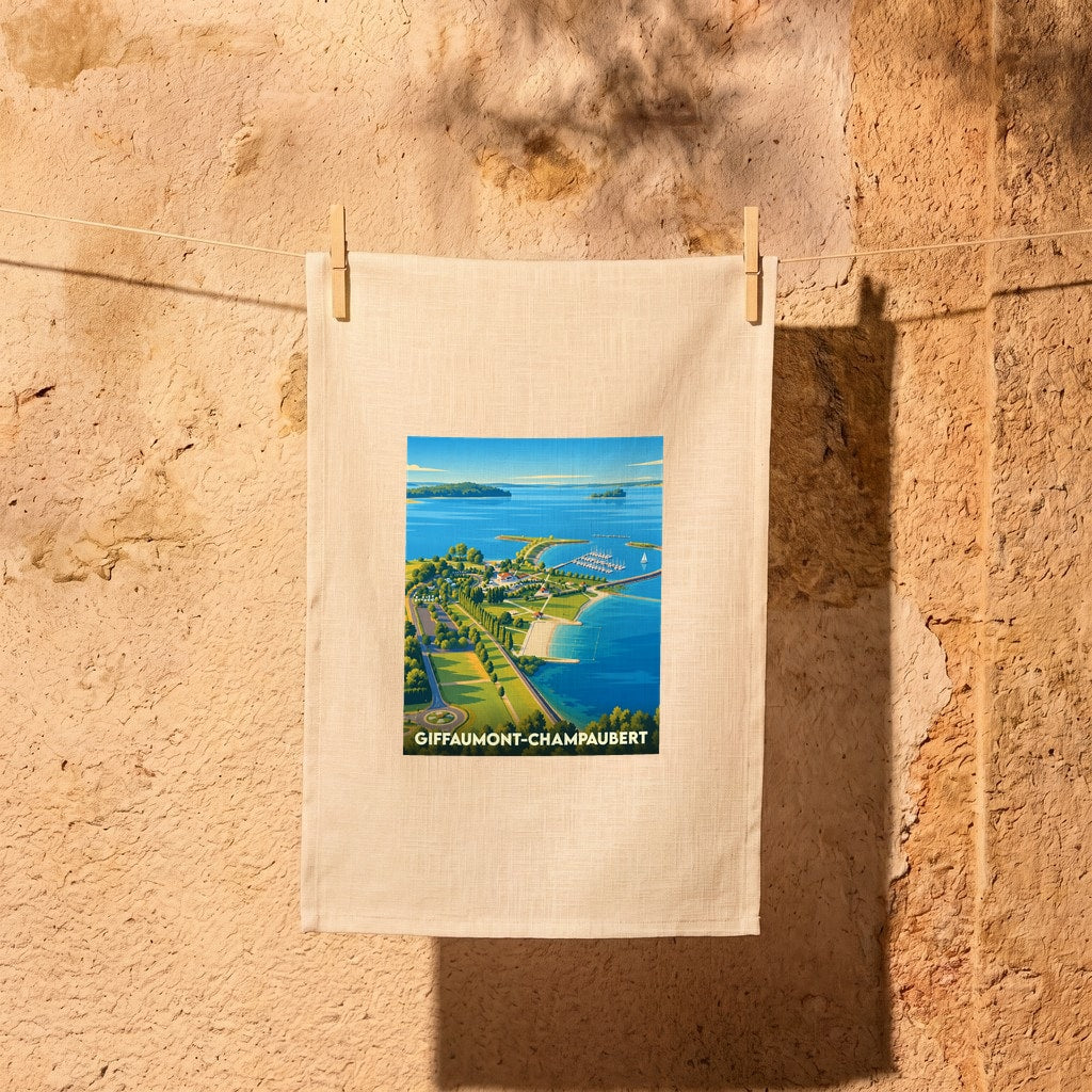 Torchon de cuisine en lin arborant une illustration stylisée de Giffaumont-Champaubert suspendu par des pinces à linge.