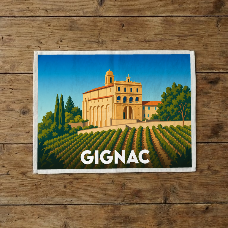 Torchon souvenir de la ville de Gignac orné d'une illustration stylisée représentant une abbaye surplombant un vignoble.