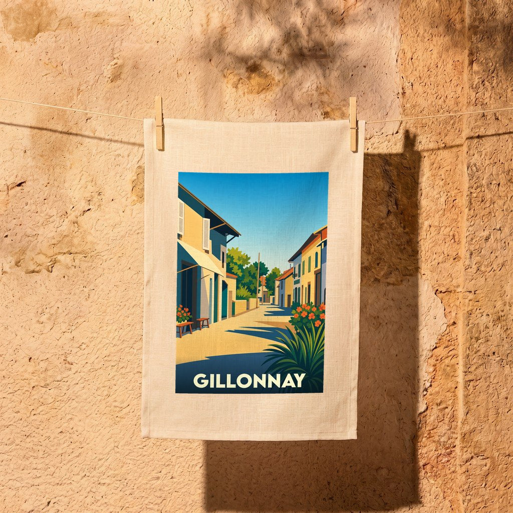 Torchon souvenir de la ville de Gillonnay illustré d'une scène de rue pittoresque et colorée.