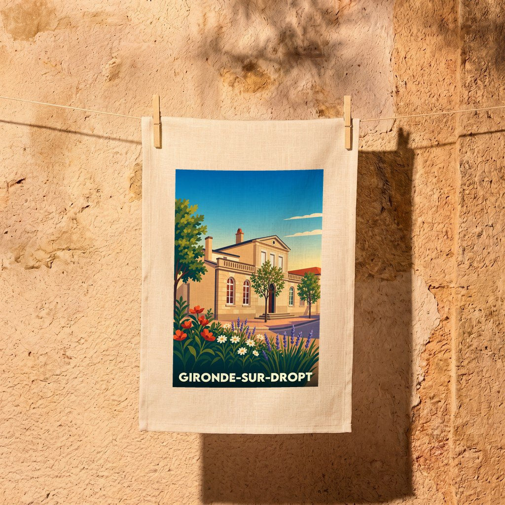 Torchon souvenir de la ville de Gironde-sur-Dropt avec une illustration stylisée.