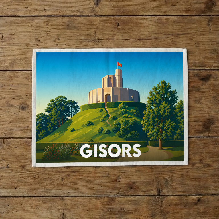 Torchon souvenir de la ville de Gisors avec une illustration stylisée de son château.