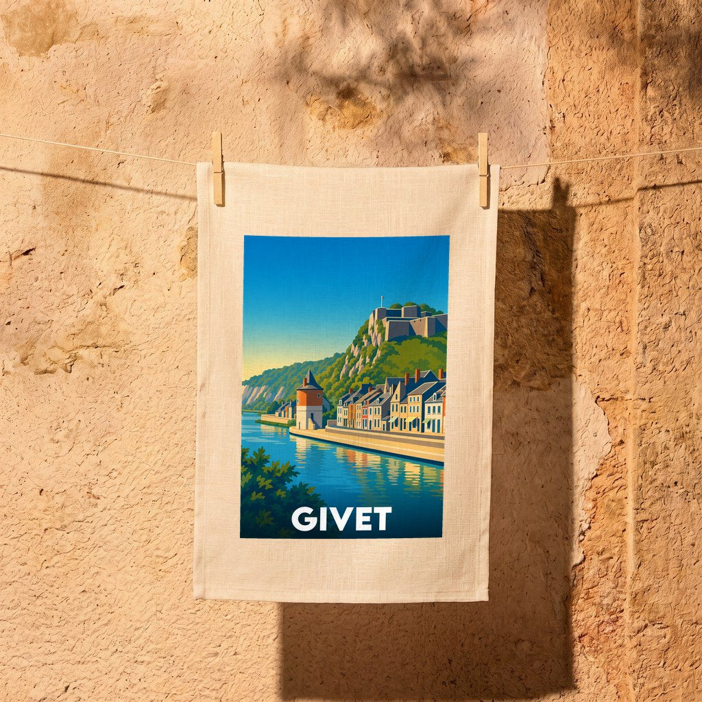 Torchon souvenir de la ville de Givet avec une illustration stylisée.