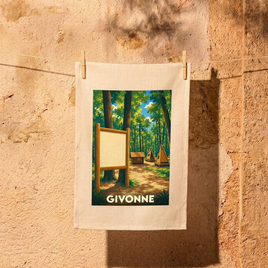 Torchon souvenir de la ville de Givonne avec une illustration stylisée d'une forêt et de cabanes.