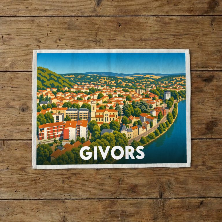 Torchon souvenir de la ville de Givors avec une illustration stylisée de son paysage urbain en bord de rivière.