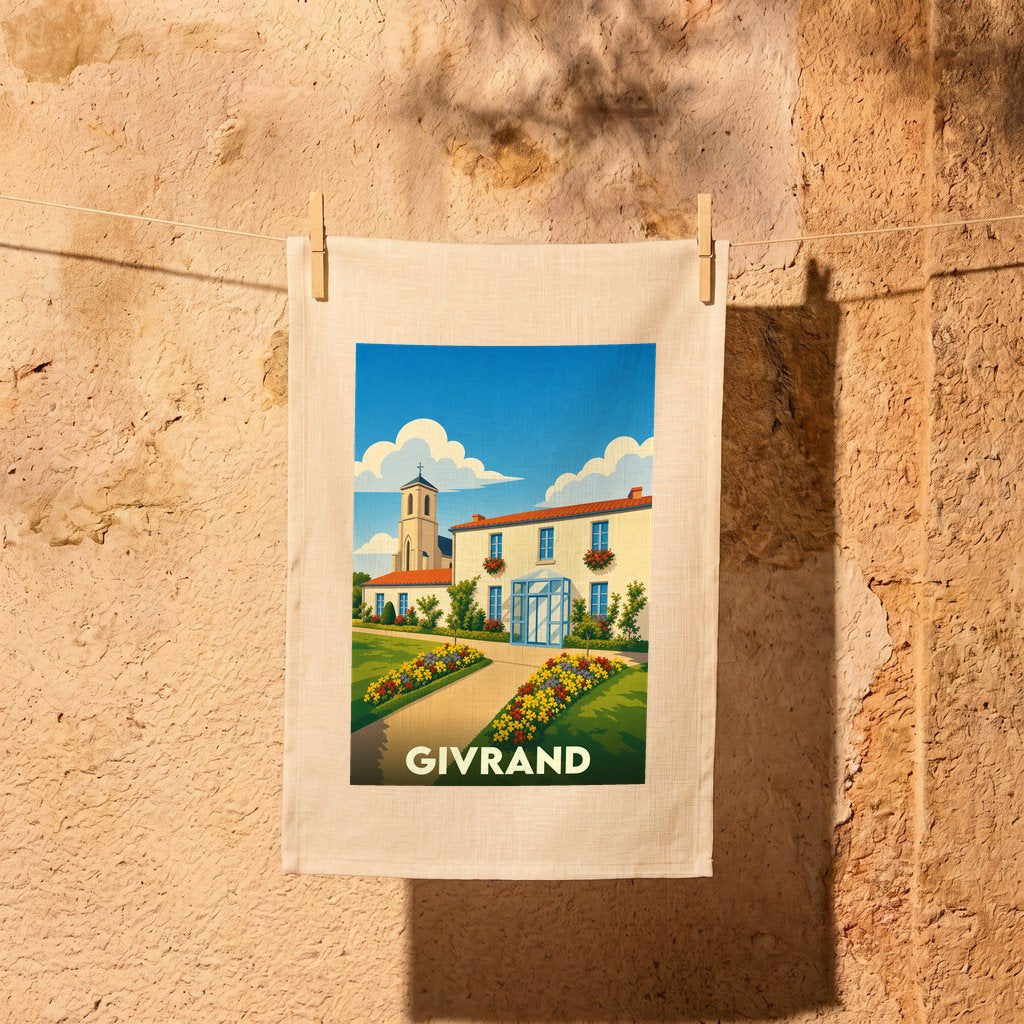 Torchon souvenir de la ville de Givrand avec une illustration stylisée.