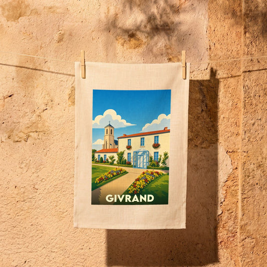 Torchon souvenir de la ville de Givrand avec une illustration stylisée.