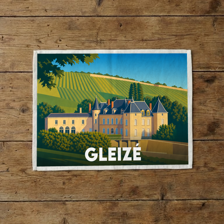 Torchon souvenir de la ville de Gleizé illustré d'un château au cœur du vignoble.
