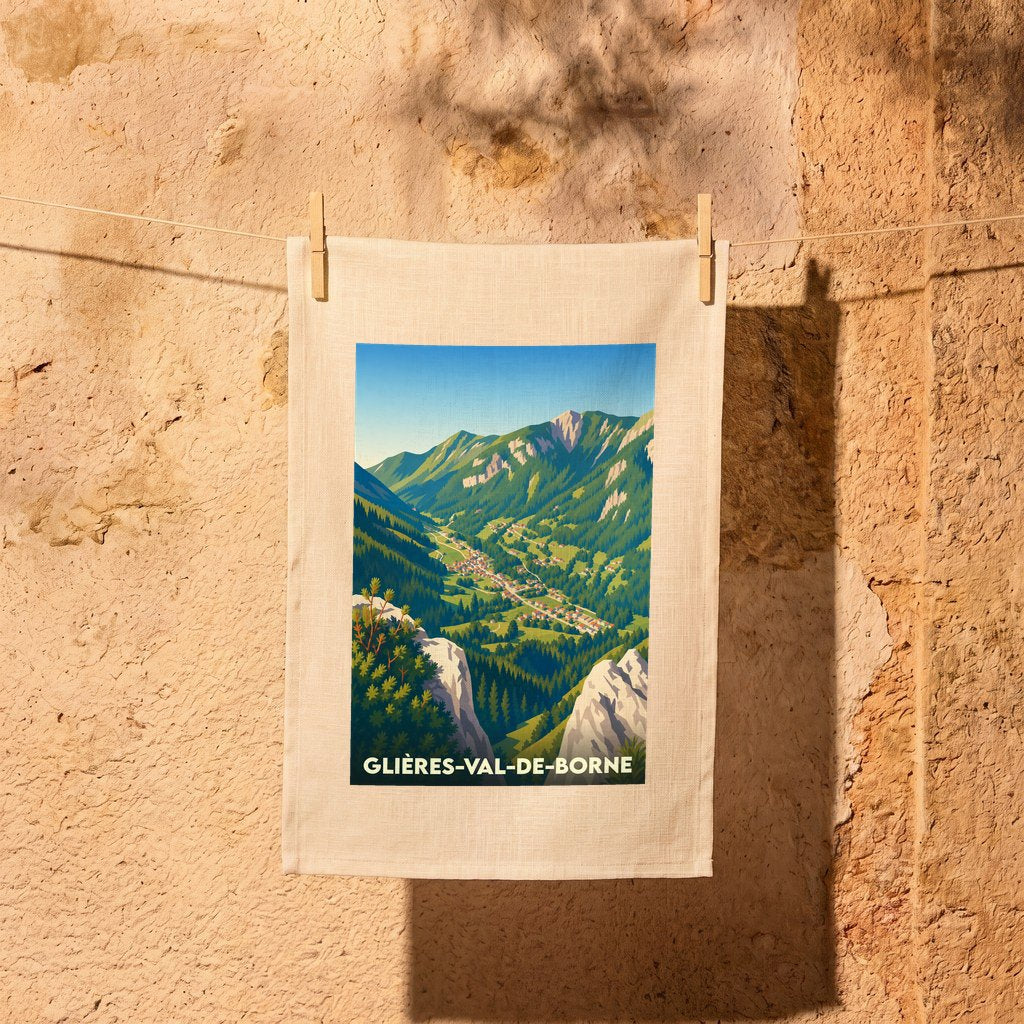 Torchon souvenir de Glières-Val-de-Borne illustré d'un paysage montagneux stylisé.