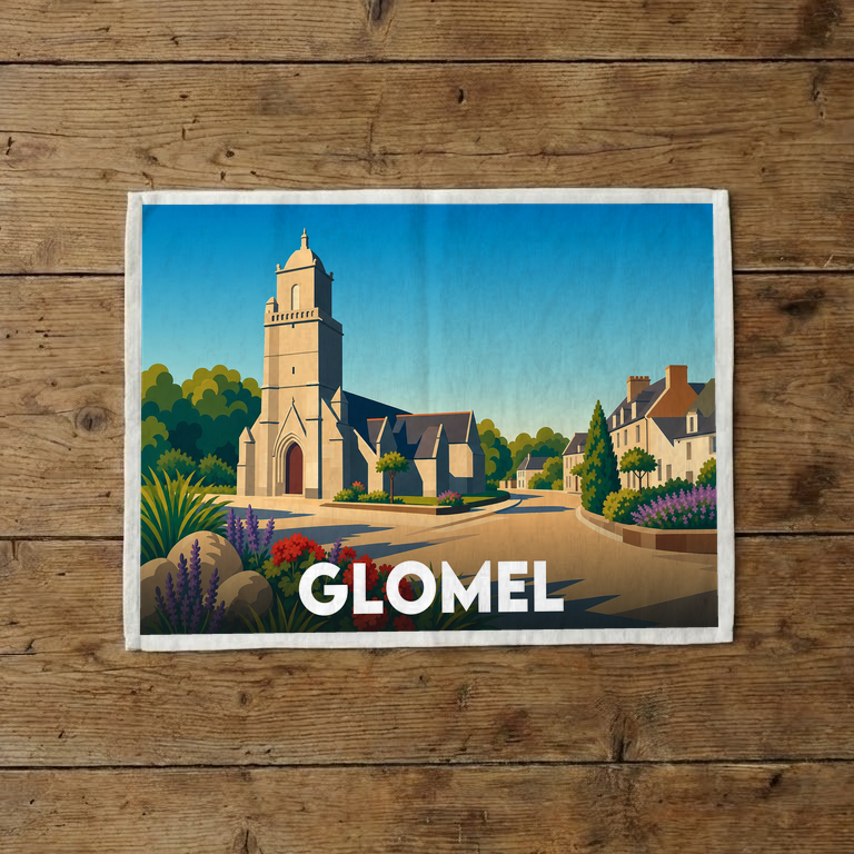 Torchon souvenir de la ville de Glomel avec une illustration stylisée de son église.