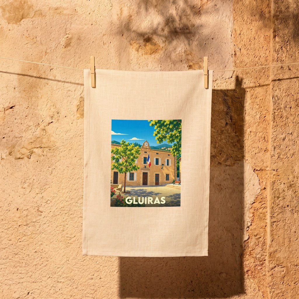 Torchon souvenir de la ville de Gluiras avec une illustration stylisée d'une place ensoleillée.