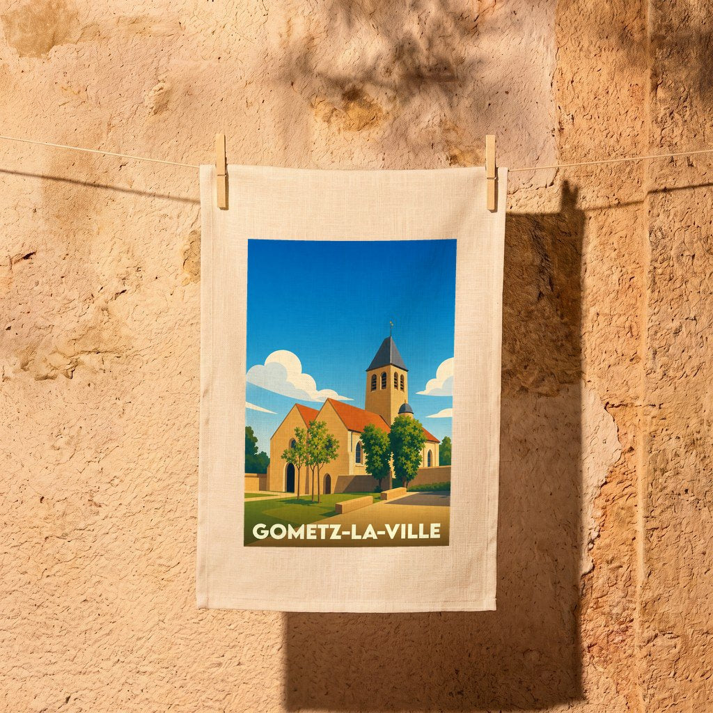 Torchon souvenir de Gometz-la-Ville avec une illustration stylisée de son église.
