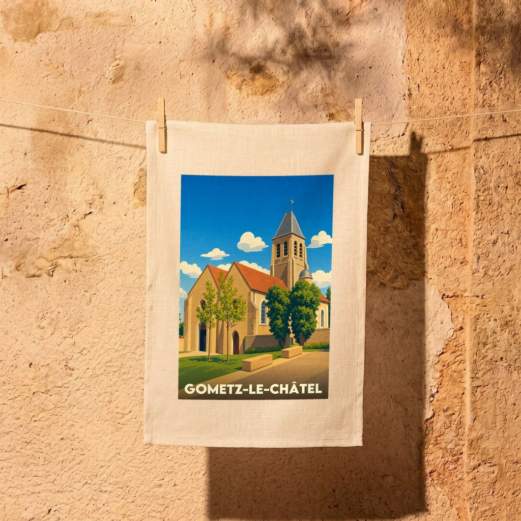 Torchon souvenir de la ville de Gometz-le-Châtel orné d'une illustration stylisée de son église.