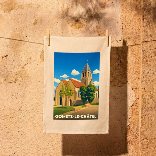 Torchon souvenir de la ville de Gometz-le-Châtel orné d'une illustration stylisée de son église.