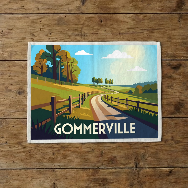 Torchon souvenir de la ville de Gommerville avec une illustration stylisée d'un paysage champêtre.