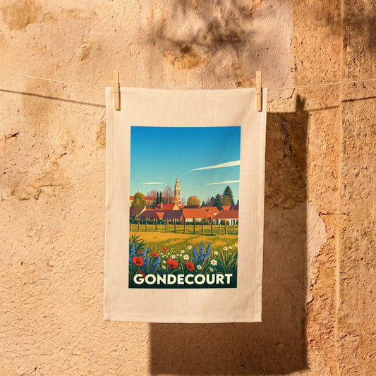 Torchon souvenir de la ville de Gondecourt avec une illustration stylisée.