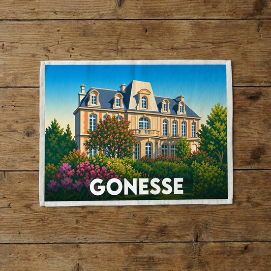 Torchon souvenir de la ville de Gonesse illustrant une élégante demeure bourgeoise entourée de jardins fleuris.