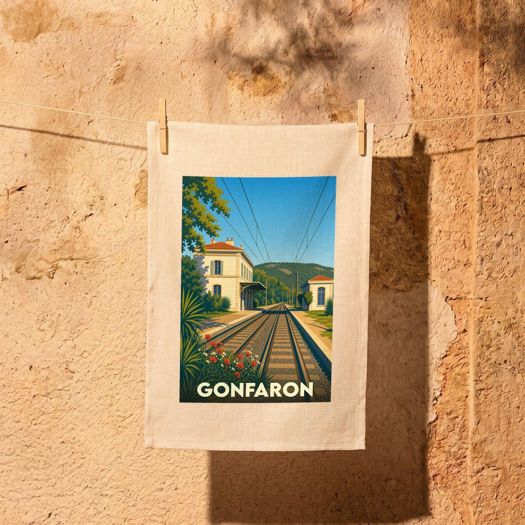 Torchon souvenir de la ville de Gonfaron illustré d'un paysage ferroviaire vintage et stylisé.