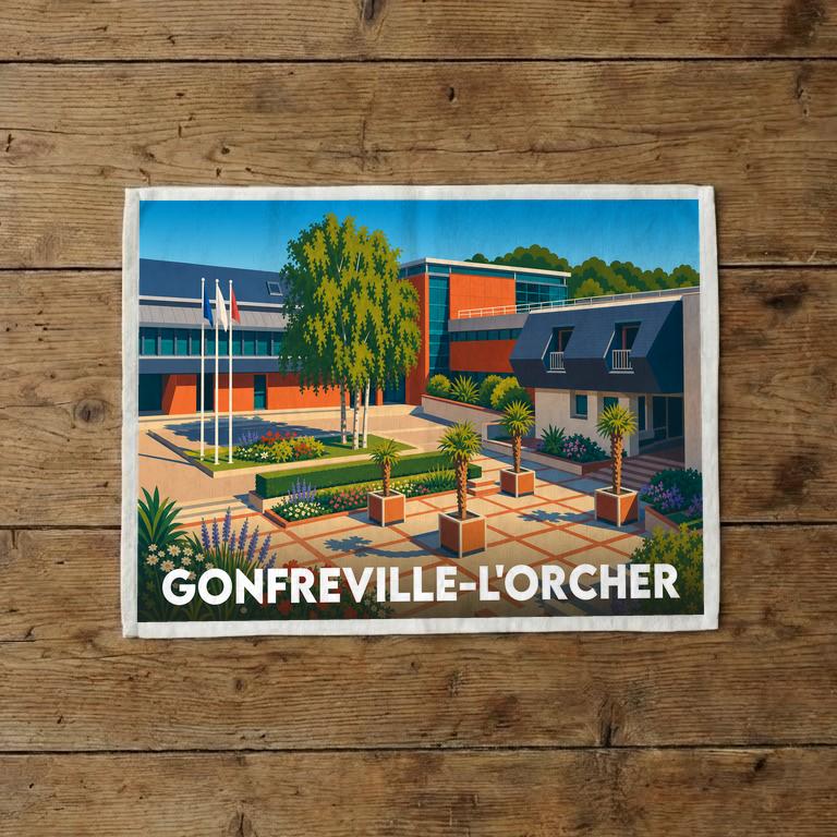 Torchon souvenir de la ville de Gonfreville-l'Orcher illustré d'un dessin coloré et stylisé de l'Hôtel de Ville.