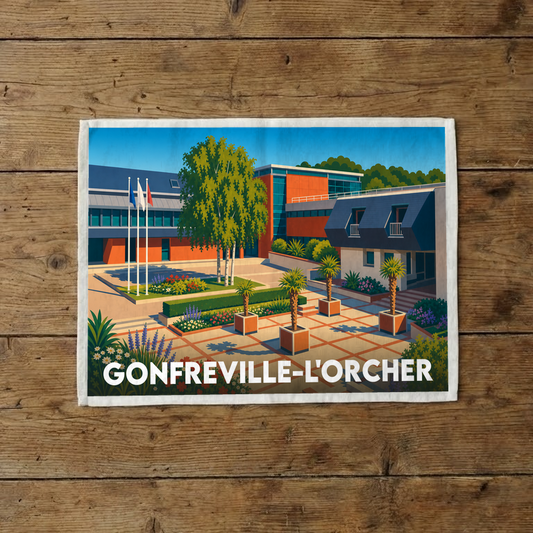 Torchon souvenir de la ville de Gonfreville-l'Orcher illustré d'un dessin coloré et stylisé de l'Hôtel de Ville.