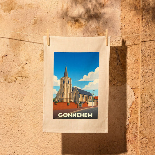 Torchon souvenir de la ville de Gonnehem avec une illustration stylisée de son église.
