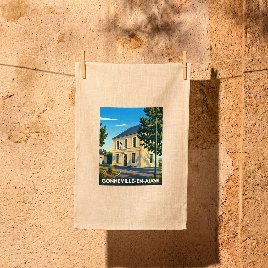 Torchon souvenir de la ville de Gonneville-en-Auge avec une illustration stylisée d'un bâtiment officiel.