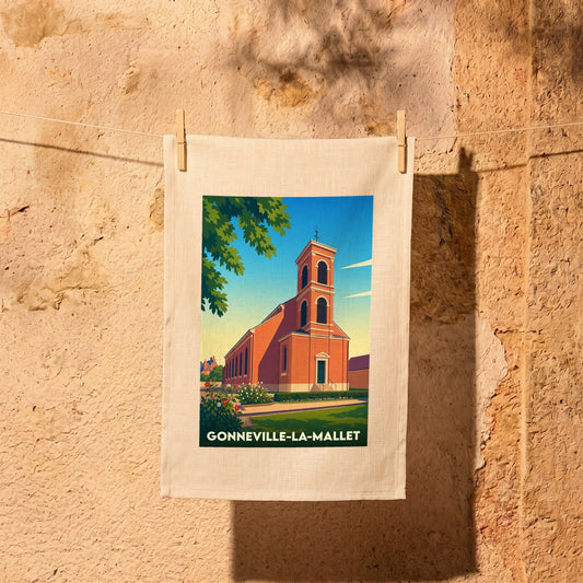 Torchon souvenir de la ville de Gonneville-la-Mallet avec une illustration stylisée de son église.