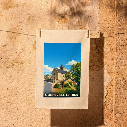 Torchon souvenir de la ville de Gonneville-Le Theil avec une illustration stylisée d'une église de campagne.