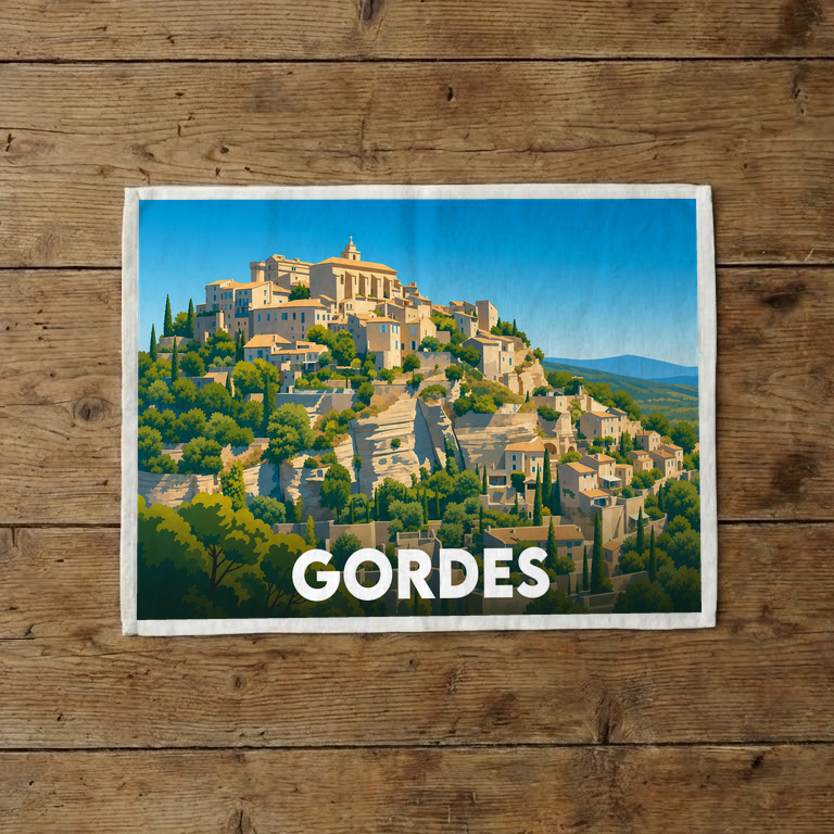 Torchon souvenir de la ville de Gordes avec une illustration stylisée du village perché.
