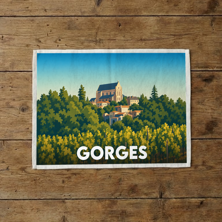 Torchon souvenir de la ville de Gorges orné d'une illustration graphique et colorée de son paysage.