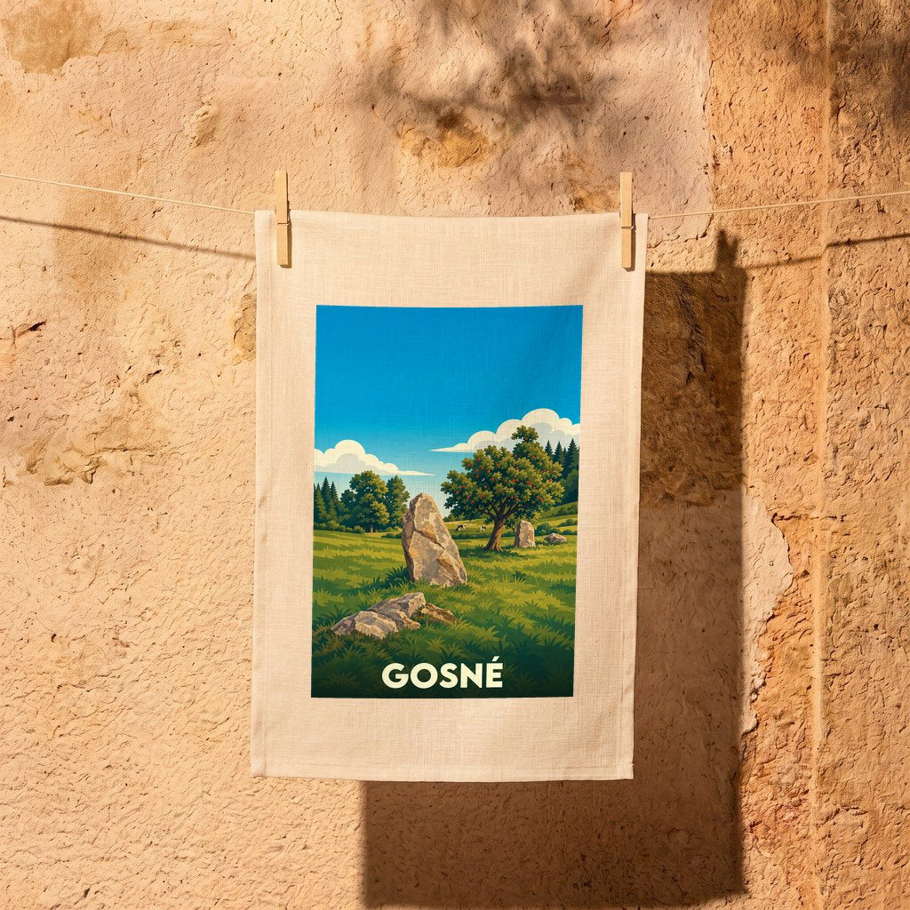 Torchon souvenir de la ville de Gosné avec une illustration stylisée de menhirs et de paysages.
