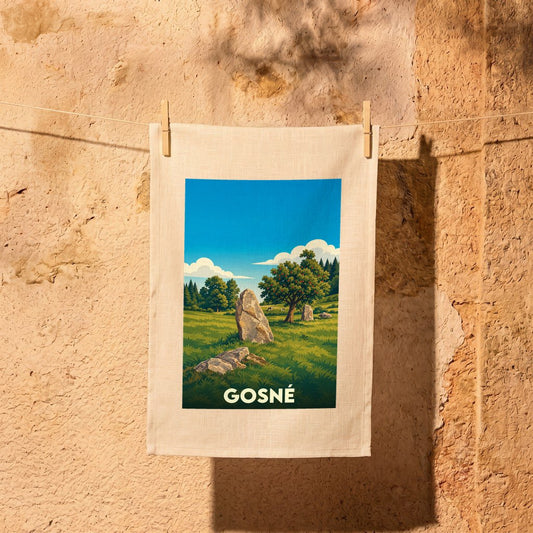Torchon souvenir de la ville de Gosné avec une illustration stylisée de menhirs et de paysages.