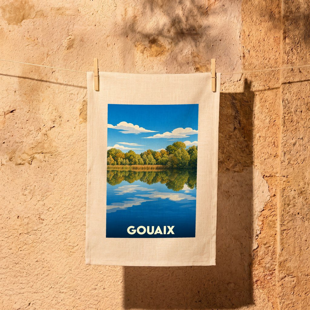 Torchon souvenir de la ville de Gouaix avec une illustration stylisée d'un paysage lacustre.